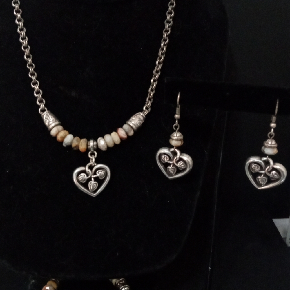 Vintage Brighton "Terra” Agate Beaded Gemstone Silver Tone Heart Necklace Set